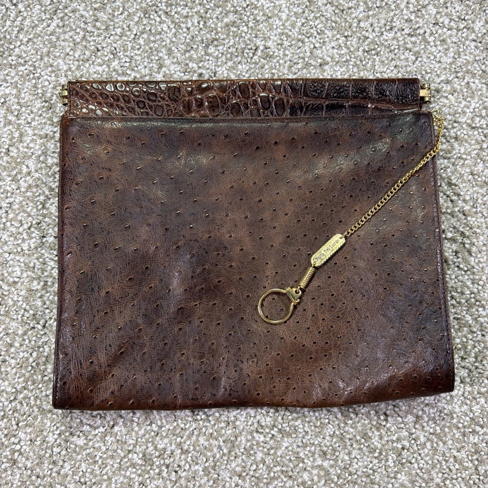 Vintage Paola Del Lungo Ostrich Clutch Purse Gold Accent Made In Italy 90s